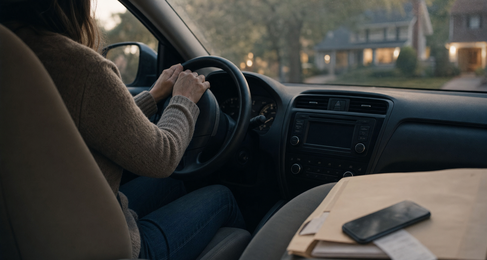 A caregiver sitting quietly in a parked car with a folder and phone nearby